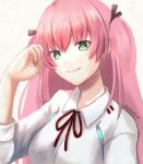  1girl aikawa_megumi green_eyes hair_tie heaven_burns_red highres long_hair neck_ribbon pink_hair red_ribbon ribbon shirt toyatopa upper_body white_shirt 