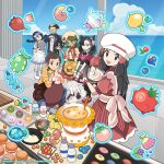  2boys 4girls alcremie alcremie_(strawberry_sweet) apron asymmetrical_bangs berry_(pokemon) black_apron black_hair black_jacket black_pantyhose blonde_hair blue_hat boots bow bowl bowtie braid brown_apron brown_eyes brown_hair candice_(palentine's_2024)_(pokemon) candice_(pokemon) character-themed_food chef_hat closed_mouth commentary_request cutting_board darach_(pokemon) dark-skinned_female dark_skin dawn_(palentine's_2021)_(pokemon) dawn_(pokemon) dress drifloon eyelashes floating floating_object food glasses gloves green_eyes green_hair grey_eyes hair_ornament hair_ribbon hairclip hat highres holding holding_bowl hood hood_down hoodie jacket kitchen_scale ladle long_hair long_sleeves macaron mallow_(palentine's_2023)_(pokemon) mallow_(pokemon) marnie_(palentine's_2022)_(pokemon) marnie_(pokemon) milk mittens mixing mixing_bowl multicolored_hair multiple_boys multiple_girls namigon official_alternate_costume official_art open_mouth oran_berry oven_mitts pantyhose pink_ribbon poffin pokemon pokemon_(creature) pokemon_diamond/pearl/platinum pokemon_masters_ex pokemon_platinum red_dress red_mittens red_oven_mitts ribbon second-party_source shirt shoes short_hair short_sleeves sidelocks sinistea skirt smile socks spatula striped_clothes swept_bangs swirlix tray twin_braids twintails two-tone_hair victor_(palentine's_2024)_(pokemon) victor_(pokemon) visor_cap waist_apron weighing_scale white_apron white_boots white_gloves white_hat wrist_cuffs 