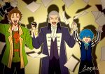  3boys alexandre_dumas_(fate) arm_up artist_name bags_under_eyes beard belt black_neckerchief black_pants blue_bow blue_bowtie blue_hair blue_vest bow bowtie brown_hair closed_eyes coat cowboy_shot facial_hair falling_paper fate/grand_order fate_(series) grey_hair hans_christian_andersen_(fate) high_collar highres holding_hands long_sleeves multiple_boys neckerchief o-miya_(ohmiya_you) open_mouth orange_belt orange_ribbon pants purple_coat ribbon short_hair sleeve_cuffs vest william_shakespeare_(fate) 