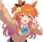  1girl :d bead_bracelet beads black_ribbon blue_bow blue_bowtie bow bowtie bracelet brown_cardigan cardigan collared_shirt commentary_request ear_ribbon flower hair_flower hair_ornament highres inuyama_nanami jewelry looking_at_viewer mayano_top_gun_(umamusume) open_mouth orange_eyes orange_hair ribbon school_uniform selfie shirt smile solo star_(symbol) star_sticker sticker sticker_on_face umamusume v white_shirt yellow_flower 