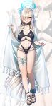  1girl absurdres alternate_costume aqua_nails asuna_(blue_archive) asymmetrical_bangs black_one-piece_swimsuit blonde_hair blue_archive blue_eyes blue_halo breasts cleavage commentary_request full_body hair_over_one_eye halo highres large_breasts long_hair looking_at_viewer mole mole_on_breast one-piece_swimsuit sandals smile solo swimsuit walking_nakta 