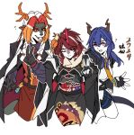  2024 animal_ears animal_nose arknights black_gloves black_hair black_kimono brown_horns ch'en_(arknights) closed_eyes commentary cropped_legs dragon_horns eastern_dragon_horns fumizuki_(arknights) furry furry_female furry_male gloves heart heart_hands horns jacket jacket_on_shoulders japanese_clothes kimono mochusama necktie open_clothes open_jacket orange_hair orange_horns pink_horns purple_hair single_horn v wei_yenwu_(arknights) white_hair wide_sleeves yellow_necktie 