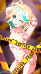  1girl absurdres armpits arms_behind_head arms_up ass bare_hips bikini blonde_hair braid breasts caution_tape cecilia_immergreen colored_inner_hair commentary convenient_censoring doll doll_joints double-parted_bangs english_commentary flat_chest gold_bikini green_eyes green_streaks hair_between_eyes highres hololive hololive_english joints looking_at_viewer multicolored_hair navel noob_noobington nude one_eye_closed pixel_art self-upload short_hair side_braid signature simple_background single_braid small_breasts solo sparkle sparkling_eyes streaked_hair swimsuit textless_version tongue tongue_out two-tone_hair virtual_youtuber watermark white_background winding_key 