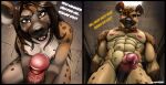 abs anthro anthro_on_anthro axel_(klausd) black_border black_nose bodily_fluids border breasts brown_body brown_fur brown_hair chest_tattoo dialogue disembodied_penis dripping duo elandri_(klausd) english_text erection faceless_character faceless_male fangs female foreskin fur genital_fluids genitals hair hi_res humanoid_genitalia humanoid_penis hyena klaus_doberman male male/female mammal markings muscular muscular_anthro muscular_male nipples nude nude_anthro nude_female nude_male penis precum precum_drip retracted_foreskin spots spotted_body spotted_fur spotted_hyena tattoo teeth text