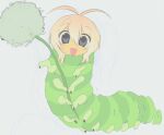  2026 ambiguous_gender anime_style arthropod big_eyes big_iris blonde_hair blue_eyes blush blush_lines caterpillar dandelion dddddancerrrrrs digital_drawing_(artwork) digital_media_(artwork) eyelashes feral flower green_body hair happy holding_plant human_faced_feral humanoid_face insect larva light_face looking_at_viewer multi_leg multi_limb open_mouth orange_face plant simple_background solo striped_body stripes what 