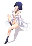  ban black_legwear blue_hair breasts constricted_pupils highres kneehighs labcoat legs_folded medium_breasts naked_labcoat navel nunotaba_shinobu parted_lips shadow short_hair simple_background solo to_aru_kagaku_no_railgun to_aru_majutsu_no_index white_background 