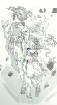  1boy 1girl anklet arm_at_side armlet armor asymmetrical_bangs blunt_ends bodysuit bow braid bridal_gauntlets cape choppy_bangs closed_mouth commentary_request cross-shaped_pupils detached_sleeves dress feathers furisode gem genshin_impact greyscale hair_between_eyes hair_intakes half_crown_braid hand_up hat height_difference highres japanese_armor japanese_clothes jewelry jingasa juban kimono kote long_hair middle_ring monochrome nahida_(genshin_impact) onigiri_po_0205 open_clothes open_kimono pigeon-toed pointy_ears pom_pom_(clothes) sash scaramouche_(genshin_impact) short_dress shorts side_cape side_ponytail sidelocks spot_color symbol-shaped_pupils tassel toeless_socks tsurime turtleneck turtleneck_bodysuit wanderer_(genshin_impact) 