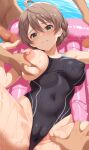  1girl 3boys ahoge baji_toufuu_(bajitohfu) blush braid breasts brown_hair cameltoe censored closed_mouth collarbone covered_navel covered_nipples grabbing_another's_breast green_eyes groping half-spread_pussy handjob highres idolmaster idolmaster_million_live! idolmaster_million_live!_theater_days inflatable_raft large_breasts looking_at_viewer lying mosaic_censoring multiple_boys nipples on_back one-piece_swimsuit one_breast_out penis pool pov pov_hands puffy_nipples sakuramori_kaori short_hair spread_legs spread_pussy spread_pussy_under_clothes spreading_another's_pussy swimsuit water wet 