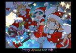  3girls :d alternate_costume animal_ears antlers arms_up black_border black_hair black_pantyhose blonde_hair blue_eyes blue_hair blush boots border bow caracal_(kemono_friends) cat_ears cat_girl christmas closed_eyes commentary_request deer_ears dress ears_through_headwear extra_ears food fur-trimmed_headwear fur_collar fur_trim gloves hat highres holding holding_sack horns japari_bun japari_symbol kemono_friends kemono_friends_2 kyururu_(kemono_friends) looking_at_viewer lucky_beast_(kemono_friends) merry_christmas mittens multicolored_hair multiple_girls naitou_ryuu necktie night open_mouth orange_hair pantyhose pom_pom_(clothes) red_dress red_gloves red_mittens reindeer_antlers sack santa_costume santa_dress santa_hat serval_(kemono_friends) shirt short_hair short_sleeves short_twintails shorts sidelocks skirt sky smile star_(sky) star_(symbol) starry_sky tail twintails 