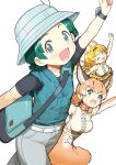 1boy 2girls :d ;d animal_ear_fluff animal_ears arm_up bag bare_shoulders belt black_shirt blonde_hair blue_eyes blue_vest blush bow bowtie brown_skirt bucket_hat caracal_(kemono_friends) cat_ears cat_girl center_frills elbow_gloves extra_ears frills gloves green_eyes green_hair grey_pants hat hat_feather high-waist_skirt highres kemono_friends kemono_friends_2 kyururu_(kemono_friends) looking_at_viewer multicolored_hair multiple_girls naitou_ryuu necktie official_art one_eye_closed open_mouth orange_bow orange_bowtie orange_hair orange_skirt pants print_bow print_bowtie print_gloves print_skirt serval_(kemono_friends) shirt short_hair short_sleeves shoulder_bag simple_background skirt sleeveless sleeveless_shirt smile tail traditional_bowtie vest watch white_background white_bow white_bowtie white_hair white_shirt wristwatch yellow_bow yellow_bowtie yellow_eyes yellow_skirt 
