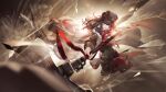  1girl aiming aiming_at_another aiming_at_viewer animal_ears aqua_eyes arknights artist_request backlighting bear_ears bear_girl broken_glass brown_hair cropped_jacket floating_clothes floating_hair game_asset glass hammer highres holding holding_weapon leg_up long_sleeves motion_blur multicolored_hair official_art parted_lips pleated_skirt pointing_melee_weapon red_sash red_streaks reflection sash skirt solo_focus streaked_hair third-party_source two-handed war_hammer weapon zima_(arknights) zima_the_raging_tide_(arknights) 