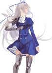  ascot bandages blue_ribbon cotta gauntlets gloves hair_ribbon juliet_sleeves long_hair long_sleeves looking_afar original profile puffy_sleeves ribbon silver_hair simple_background single_glove skirt solo thighhighs very_long_hair white_background 