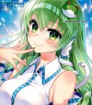  1girl blush breasts chacham closed_mouth commentary_request detached_sleeves frog_hair_ornament green_eyes green_hair hair_ornament hair_tubes kochiya_sanae large_breasts long_hair looking_at_viewer single_hair_tube smile snake_hair_ornament solo touhou traditional_media twitter_username watermark 