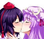  2girls blush closed_eyes commentary crescent crescent_hat_ornament french_kiss hat hat_ornament highres kiss mob_cap multiple_girls patchouli_knowledge pink_hat portrait purple_hair red_hat shameimaru_aya shgngzhngdeyti1 shirt simple_background tokin_hat touhou white_background white_shirt yuri 