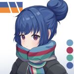  1girl black_jacket blue_hair blue_scarf brown_scarf closed_mouth color_guide commentary_request down_jacket expressionless green_scarf hair_bun highres huge_hair_bun jacket looking_at_viewer portrait purple_eyes red_scarf scarf shima_rin single_hair_bun solo striped_clothes striped_scarf white_background yurucamp zhimo0506 