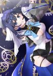  1girl artist_request black_gloves blue_eyes blue_hair bow bow_earrings breasts chain chain_headband clothing_cutout commentary_request detached_sleeves earrings gears gloves hair_intakes halo hand_on_own_hip heart-shaped_gem highres hololive hololive_english jewelry large_breasts mechanical_halo ouro_kronii ouro_kronii_(1st_costume) pinstripe_pattern pinstripe_shirt pinstripe_skirt ribbon_earrings shirt skirt solo thighhighs underboob_cutout virtual_youtuber 