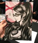  1girl bayonetta bayonetta_(series) bayonetta_1 cleavage_cutout clothing_cutout earrings from_side glasses greyscale highres jewelry looking_at_viewer mole mole_under_eye monochrome smile solo spot_color stanley_lau traditional_media 
