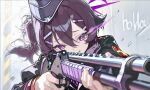  1girl ai-generated aiming artist_name blue_archive commentary emblem facing_viewer finger_on_trigger flaming_eye garrison_cap gun hair_ornament hairclip halo haruka_(blue_archive) hat holding holding_gun holding_weapon lineart linedrawing_man looking_ahead parallel_hairclips pump_action purple_eyes purple_hair purple_halo shotgun smile solo weapon wolf_cut 