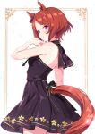  1girl absurdres alternate_costume animal_ears bare_shoulders black_capelet black_dress blush breasts brown_hair capelet commentary_request dress flower-shaped_pupils flower_in_eye hair_ornament highres horse_ears horse_girl horse_tail kanon_(floralcanon) medium_breasts parted_lips pink_eyes purple_eyes sakura_laurel_(umamusume) short_hair solo symbol-shaped_pupils symbol_in_eye tail umamusume 