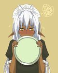  antenna_hair blush dark_elf dark_skin elf flying_sweatdrops kurobuta_(iina) long_hair orange_eyes pointy_ears sansei_muramasa shy solo soukou_akki_muramasa squiggle tray waitress white_hair 