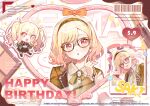  1girl :3 :d absurdres alternate_hair_length_(shorter) barcode black_jacket black_shoes black_skirt blonde_hair blush boli_shuimian brown-framed_eyewear brown_hairband brown_jacket character_name chibi chinese_commentary collared_shirt commentary_request company_name copyright_notice cosmetics cupcake dated dot_nose earrings fingernails food full_body glasses grey_shirt grey_socks guest_art hairband happy_birthday happy_enjoy_music!_(project_sekai) heart highres jacket jewelry lipstick_tube long_hair looking_at_viewer makeup_brush medium_hair nail_polish official_alternate_costume official_alternate_hairstyle official_art outline pink_eyes pink_hair pink_nails plaid_clothes plaid_jacket pleated_skirt project_sekai second-party_source shirt shoes skirt smile socks star_(symbol) striped_clothes striped_shirt tenma_saki tongue twintails v web_address white_outline white_shirt 
