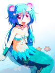  :d aqua_hair blush clam collarbone groin hair_ornament highres jewelry long_hair mermaid monster_girl muromi-san namiuchigiwa_no_muromi-san navel necklace open_mouth pearl red_eyes seashell shell sitting smile solo starfish sw twintails two_side_up very_long_hair 