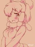  1girl :d absurdres alpaca_ears alpaca_suri_(kemono_friends) animal_ears blush breasts commentary_request extra_ears fur_collar fur_trim hair_bun hair_over_one_eye highres kemono_friends long_sleeves looking_at_viewer masuyama_ryou medium_breasts neck_ribbon open_mouth ribbon short_hair sidelocks simple_background single_hair_bun smile solo tail upper_body v_arms vest 
