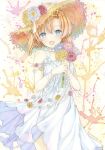 1girl blue_eyes blue_flower blush commentary_request dress flower flower_armlet hat hat_flower highres higurashi_no_naku_koro_ni holding holding_flower open_mouth orange_hair painting_(medium) pink_flower red_flower ryuuguu_rena straw_hat sweet_miuk_tea traditional_media twitter_username watercolor_(medium) white_dress yellow_flower 