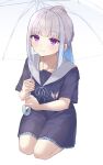  1girl absurdres blue_hair blue_ribbon blue_serafuku blue_shirt blue_skirt blush closed_eyes commentary_request frilled_skirt frills full_body hand_up highres holding holding_umbrella lize_helesta lize_helesta_(4th_costume) long_hair looking_at_viewer miniskirt multicolored_hair neck_ribbon nijisanji ponytail purple_eyes ribbon sailor_collar school_uniform seiza serafuku shirt short_sleeves sidelocks simple_background sitting skirt smile solo streaked_hair take_666 two-handed two-tone_hair umbrella virtual_youtuber white_background white_hair white_sailor_collar white_umbrella 