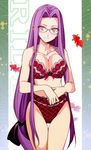  1girl absurdres bare_shoulders blush bra breasts character_name cleavage duplicate fate/stay_night fate_(series) glasses hair_ornament happy highres large_breasts legs lingerie long_hair looking_at_viewer morii_shizuki panties purple_hair red_bra red_panties rider simple_background smile solo standing thighs underwear very_long_hair white_eyes 