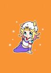  1boy absurdres arm_warmers beanie blonde_hair blue_eyes chibi chibi_only commentary english_commentary hair_horns hand_on_own_hip hat highres hood hood_down hoodie horseshoe_hat_ornament horseshoe_ornament johnny_joestar jojo_no_kimyou_na_bouken m_a_a_m_8 male_focus medium_hair midriff orange_background pants purple_arm_warmers purple_pants red_sleeves short_sleeves sitting solo star_(symbol) star_print steel_ball_run two-tone_sleeves white_hat white_hoodie white_sleeves yokozuwari 