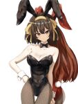  2girls animal_ear_hairband animal_ears asahina_mikuru back-to-back black_bow black_bowtie black_leotard black_pantyhose bow bowtie breasts brown_eyes brown_hair cleavage collarbone commentary_request covered_navel detached_collar facing_away fake_animal_ears fake_tail fishnet_pantyhose fishnets hair_ribbon hairband hand_on_own_hip highres leotard long_hair looking_at_viewer medium_hair multiple_girls official_alternate_costume pantyhose rabbit_ear_hairband rabbit_ears rabbit_tail red_hair red_leotard ribbon sasai_tuki simple_background standing suzumiya_haruhi suzumiya_haruhi_no_yuuutsu tail thigh_gap white_background white_wrist_cuffs wrist_cuffs yellow_ribbon 