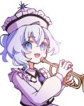  1girl blue_eyes blue_hair commentary_request frilled_hat frills hair_between_eyes hat highres holding holding_instrument holding_trumpet illust_atelier3 instrument long_sleeves looking_at_viewer medium_hair merlin_prismriver one-hour_drawing_challenge open_mouth pink_hat pink_vest signature smile solo touhou trumpet vest 
