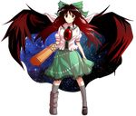  alphes_(style) arm_cannon bad_id bad_pixiv_id bow brown_eyes brown_hair cape dairi full_body hair_bow long_hair looking_at_viewer parody reiuji_utsuho skirt smile solo style_parody touhou transparent_background weapon wings 