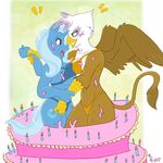  anthro anthrofied avian big_breasts bikini breast_squish breasts cake clothed clothing duo equine female food friendship_is_magic gilda_(mlp) gryphon horn mammal my_little_pony phsuke purple_eyes skimpy swimsuit tight_clothing trixie_(mlp) unicorn wings yellow_eyes 