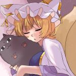  1girl blonde_hair blue_tabard blush breasts cat-shaped_pillow closed_eyes commentary_request dress fox_girl fox_tail hat holding holding_pillow kashiwara_mana kitsune kyuubi large_breasts long_sleeves mob_cap multiple_tails parted_lips pillow short_hair sleeping solo tabard tail touhou white_dress yakumo_ran 