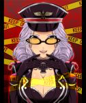  1girl azumakuro black_coat black_gloves breasts coat collarbone cross cross_necklace eyeliner gloves hat hikounin_sentai_akibaranger jewelry keep_out lab_coat large_breasts lips long_sleeves makeup maruseena necklace peaked_cap purple_eyeliner purple_hair solo sunglasses tinted_eyewear upper_body yellow-tinted_eyewear 