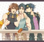  bad_id bad_pixiv_id balcony black_hair blue_eyes blue_hair blush brown_hair chain family fingerless_gloves gakuran gloves hat jojo_no_kimyou_na_bouken jonathan_joestar joseph_joestar_(young) kuujou_joutarou male_focus midriff multiple_boys scarf school_uniform tears time_paradox yukimaru_choco 