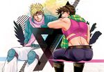  bad_id bad_pixiv_id blonde_hair blue_jacket brown_hair butt_crack caesar_anthonio_zeppeli crop_top facial_mark feathers fingerless_gloves gloves green_eyes hair_feathers headband jacket jojo_no_kimyou_na_bouken joseph_joestar_(young) kyamekyame midriff multiple_boys scarf 