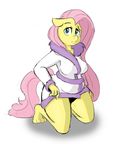  allosaurus allosaurus_(artist) anthro anthrofied clothing edit equine female fluttershy_(mlp) friendship_is_magic fur green_eyes hair horse jalm looking_at_viewer mammal my_little_pony navel pink_hair plain_background pony robe solo white_background yellow_fur yellow_skin 
