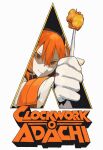  1girl a.i._voice a_clockwork_orange adachi_rei commentary_request grin hair_between_eyes holding kurokoge013 looking_at_viewer movie_poster_(medium) orange_eyes orange_hair parody smile solo white_background 