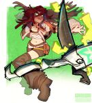  1girl artist_name bandeau belt_pouch black_leg_warmers brown_leg_warmers choker dynamic_pose flipped_bangs folded_ponytail gachiakuta green_eyes grey_jacket highres holding holding_scissors jacket leg_warmers long_hair long_sleeves looking_at_viewer loose_thighhigh midriff polearm pouch red_hair riyo_reaper sasumata scissors shorts sidelocks simple_background smile solo taku_(aywakutakuay) weapon white_background white_bandeau 