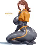  1girl artist_name ass belt black_bodysuit blush bodysuit bodysuit_under_clothes breasts brown_eyes brown_hair closed_mouth commentary_request cropped_jacket curvy full_body gloves highres huge_ass huge_breasts igiroitsu jacket large_breasts latex looking_at_viewer looking_back medium_hair mii_(nintendo) mii_gunner mii_gunner_(smash_4) open_clothes open_jacket orange_belt orange_gloves orange_jacket orange_shirt parted_bangs seiza shiny_clothes shirt simple_background sitting skin_tight solo super_smash_bros. thick_thighs thighs twitter_username white_background 