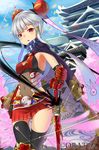 black_legwear cape day double_bun gauntlets hair_ornament highres looking_at_viewer momohime_ryouran!_sengoku_asuka mossari_poteto navel open_mouth red_eyes scarf sheath short_hair silver_hair sky solo sword thighhighs unsheathing weapon 