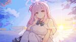  1girl angel_wings blue_archive blue_halo blue_sky breasts capelet closed_mouth cloud commentary dress english_commentary feet_out_of_frame flower gradient_halo hair_bun hair_flower hair_ornament halo hand_on_own_cheek hand_on_own_face highres horizon knees_up large_breasts long_hair looking_at_viewer low_wings mika_(blue_archive) multicolored_halo pantyhose pink_hair pink_halo pixel_art single_side_bun sitting sky smile solo sun sunrise tinia_etru two-tone_halo white_capelet white_dress white_pantyhose white_wings wing_ornament wings yellow_eyes yellow_sky 