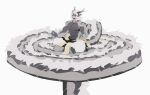 anthro black_body bottomwear clothed clothing dragon eastern_dragon eyes_closed grey_body hair long_tail male mouth_closed multicolored_body mythological_creature mythological_scalie mythology on_tail pants scalie simple_background sitting solo tail three-quarter_view topless two_tone_body white_background white_hair zong_wumi