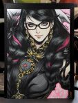 1girl arm_behind_head arm_up bayonetta_(series) bayonetta_3 black_hair glasses hair_over_shoulder highres light_smile mole mole_under_mouth solo stanley_lau traditional_media twintails upper_body 