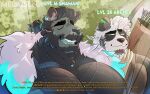 2023 absurd_res alvin_(melaisen) anthro archer arrow_(weapon) artist_name barazoku bear beard bernard_(melaisen) big_muscles big_pecs black_eyebrows blue_tongue bow_(weapon) bow_on_back brown_body brown_clothing brown_coat brown_ears brown_fur brown_topwear bust_portrait clothed clothed_anthro clothed_male clothing coat curly_hair detailed_background dialogue duo ear_piercing english_text eyebrows eyes_closed facial_hair fake_screencap felid fur fur_trim giant_panda green_eyes green_highlights grey_beard grey_body grey_ears grey_facial_hair grey_fur grey_hair hair hi_res highlights_(coloring) jewelry level_number light magic_user male male_anthro mammal melaisen muscular muscular_anthro muscular_male necklace open_mouth open_smile pantherine pecs piercing plant ponytail portrait ranged_weapon shaman smile sunlight talking_to_another teal_nose teeth text tongue topwear tree tribal_spellcaster weapon yellow_text