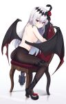  1girl absurdres ass bare_shoulders bat_wings breasts commentary_request commission demon_girl fishnet_pantyhose fishnets flower footwear_flower full_body hair_flower hair_ornament high_heels highres long_hair looking_at_viewer mare_(ac8231) miso_(misomiso_154) one_side_up original pantyhose red_eyes red_flower red_rose rose sitting skeb_commission solo vampire wings 