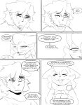 absurd_res anthro blush bodily_fluids cheek_tuft clothing comic dialogue duo facial_hair facial_scar facial_tuft fangs female floragato generation_9_pokemon hands_together head_tuft hi_res looking_down male nintendo pokemon pokemon_(species) scar shirt spicykiwi story surprised sweat sweatdrop talking_to_another teeth text thomas_(spicykiwi) topwear tuft tulip_(spicykiwi)